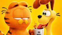 Garfield and Odie share a playful moment with a humorous cup in a vibrant yellow setting.