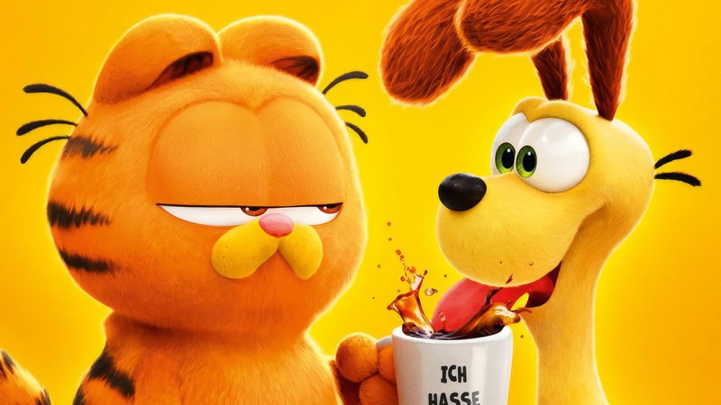 Гарфилд и желтый кот едят из чашки (гарфилд, garfield, the, оди, odie)