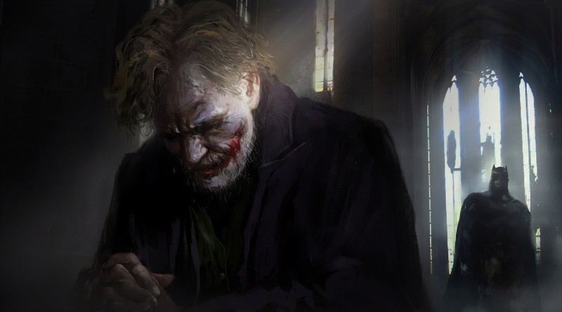 Бэтмен и джокер в темной комнате с туманом (джокер, joker, тьма, человек, вымысел)