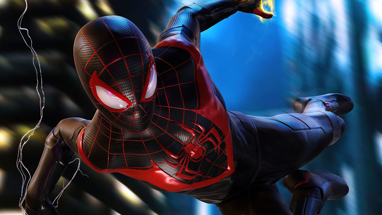 Spider-man dans un costume noir avec des accents rouges volant dans les airs (marvels spider man miles morales, playstation 4, playstation 5, 5k, spiderman)