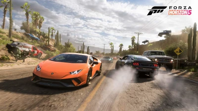 Lamborghini Huracan Performante мчится по яркому ландшафту в Forza Horizon 5, демонстрируя захватывающий игровой процесс и потрясающую графику.