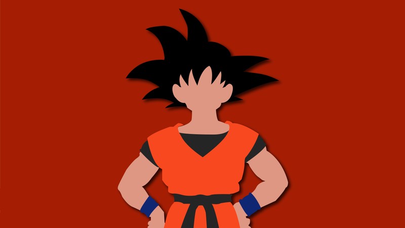 Мультфильм о молодом гохане, стоящем с руками на бедрах (сон гоку, son goku, dragon ball z, безликий, красный фон)