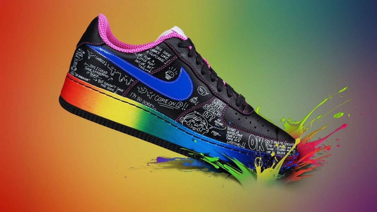 A close up of a shoe with a rainbow paint splatter on it (nike, sneakers, shoe, footwear, athletic shoe)