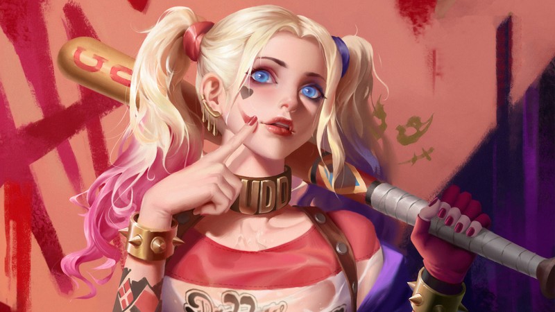 Крупный план женщины с битой в руке (harley quinn, комиксы, dc comics)