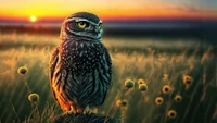 lechuza, aves, animales, atardecer, escenario