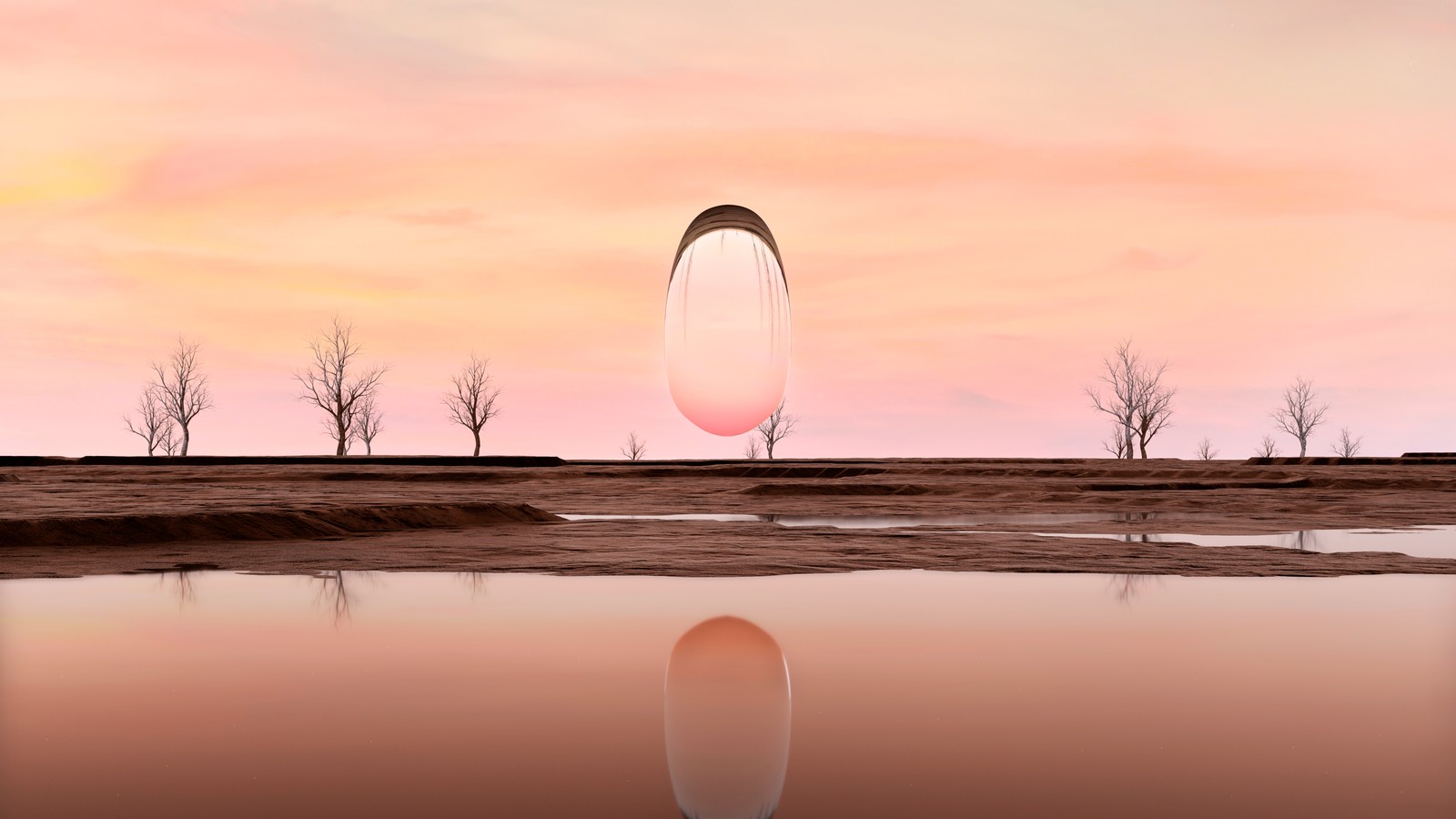 Há um grande objeto em forma de ovo flutuando na água (surrealista, por do sol, reflexo, 3d, vidro)