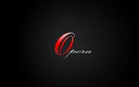 Logo-Design von "Opera" in Rot und Silber vor einem dunklen, strukturierten Hintergrund.