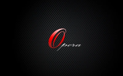 Design de logotipo "Ópera" em vermelho e prata contra um fundo escuro e texturizado.