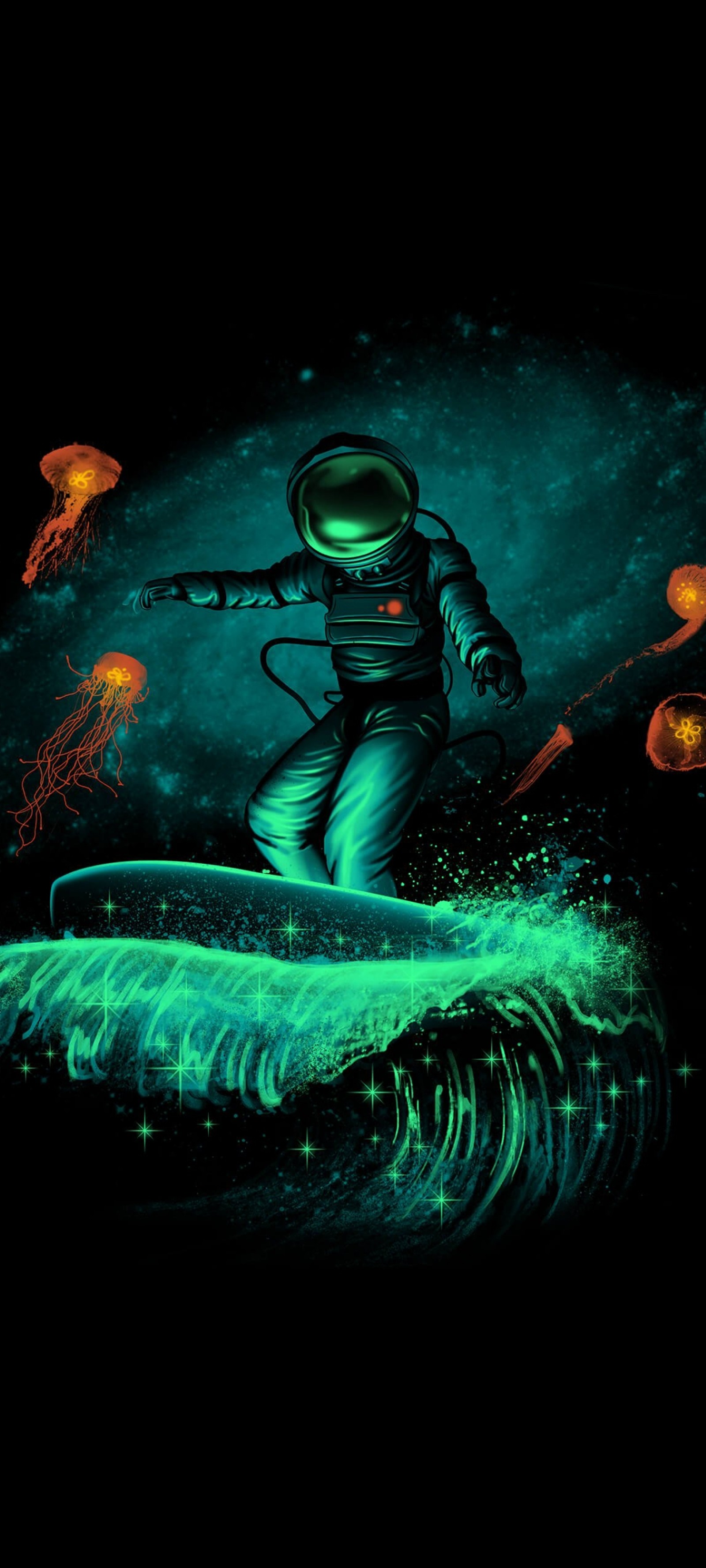 Arafed astronaut surfing in the ocean with jellyfishs (surfing, astronaut, art, underwater diving, underwater)