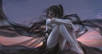 Soledad Soñadora: Una Chica de Anime en un Abrazo de Atardecer