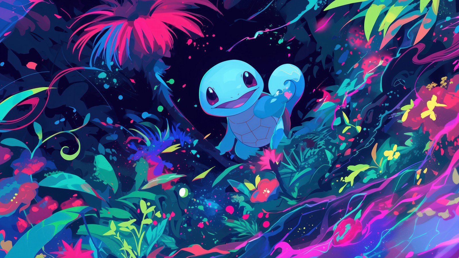 A cartoon pokemon character in a colorful forest with flowers (squirtle, pokemon, anime)