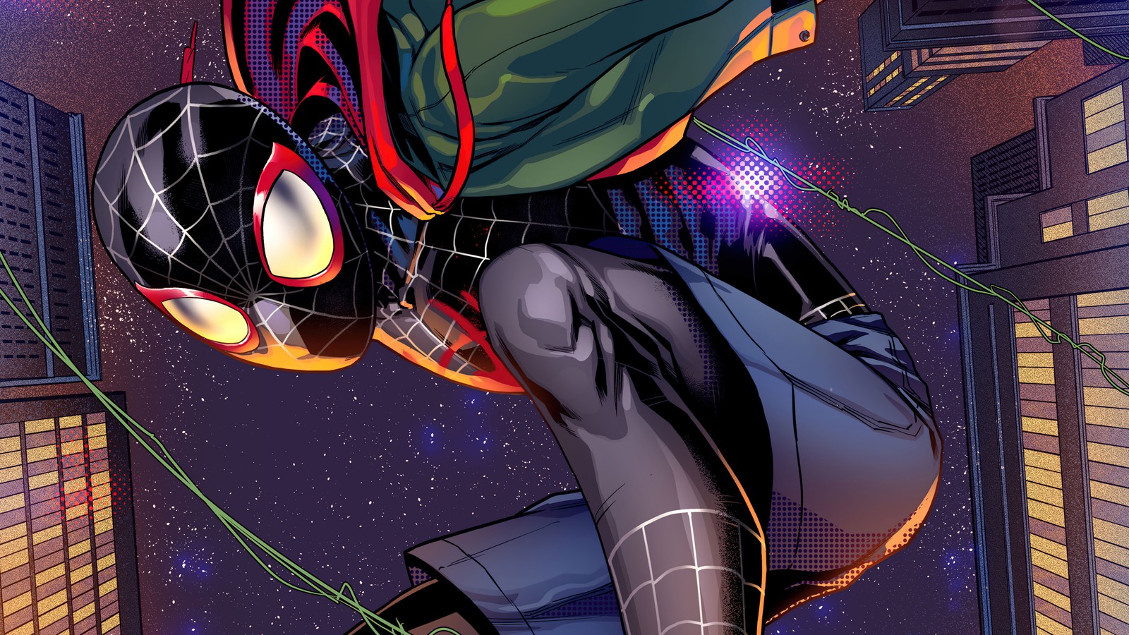 Spider - man in a green cape and black pants is flying through the air (miles morales, spider man, spiderman, marvel comics, superhero)