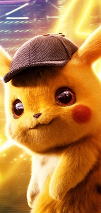 Pikachu avec un chapeau de détective, dégageant charme et curiosité sur un fond vibrant.