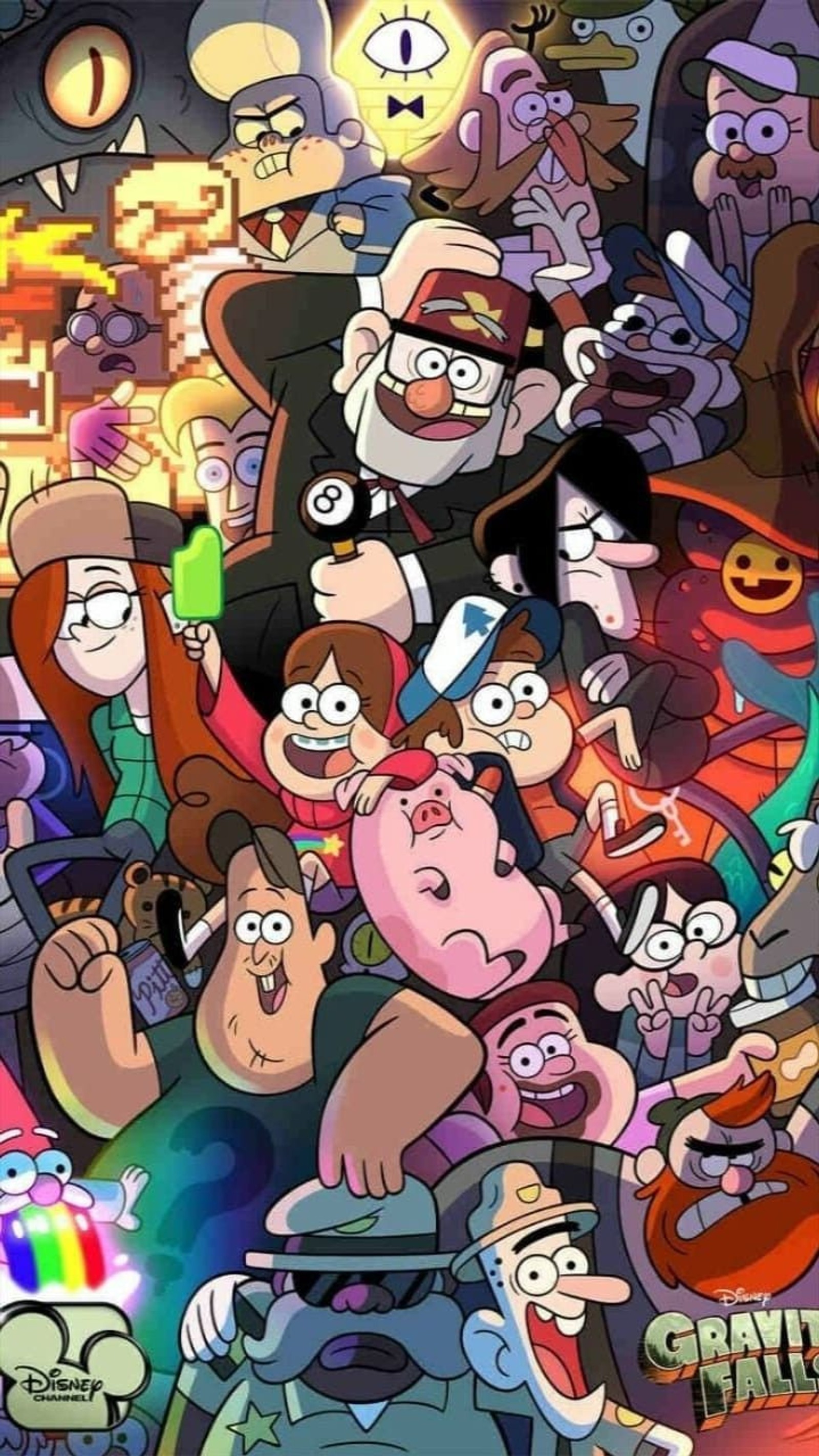 Un grupo de personajes de dibujos animados agrupados juntos en un estilo de dibujos animados (gravity falls, leyenda)