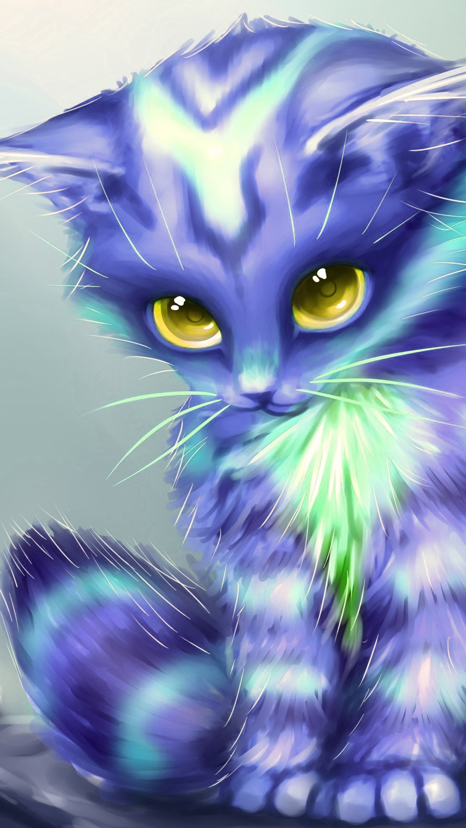 Painting of a blue cat with yellow eyes sitting on a table (blue, cat, kitten)