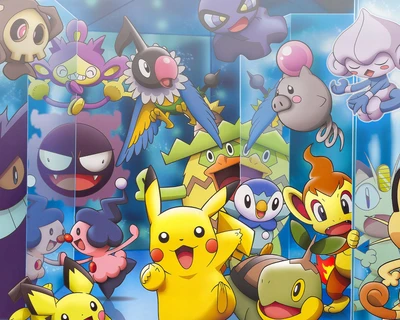 Personnages Pokémon colorés, y compris Pikachu, entourés de divers Pokémon emblématiques de la série animée.