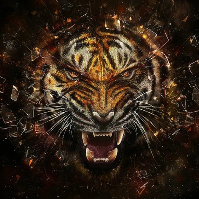 Tigre féroce émerge à travers le verre brisé - art abstrait