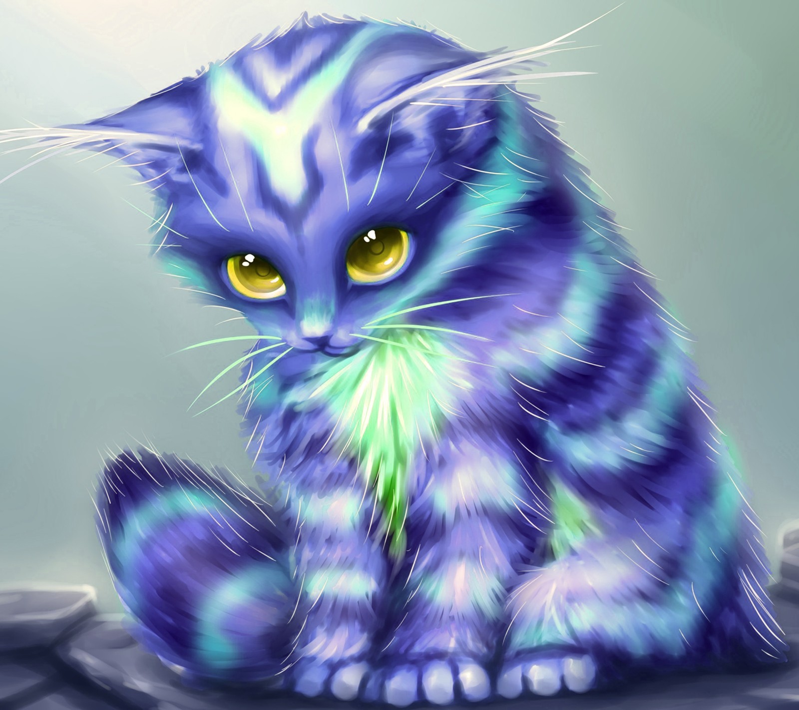 Painting of a cat with a green and blue tail sitting on a rock (blue, cat)