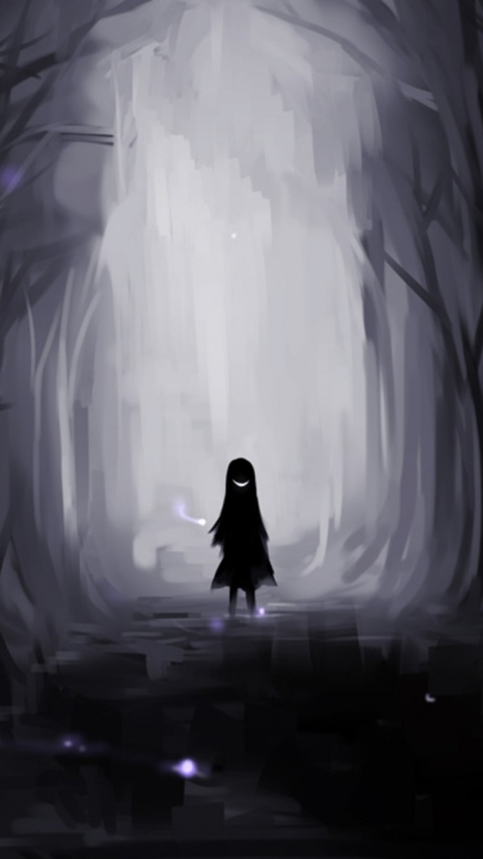 Un primer plano de una persona de pie en un bosque oscuro (anime, niña)