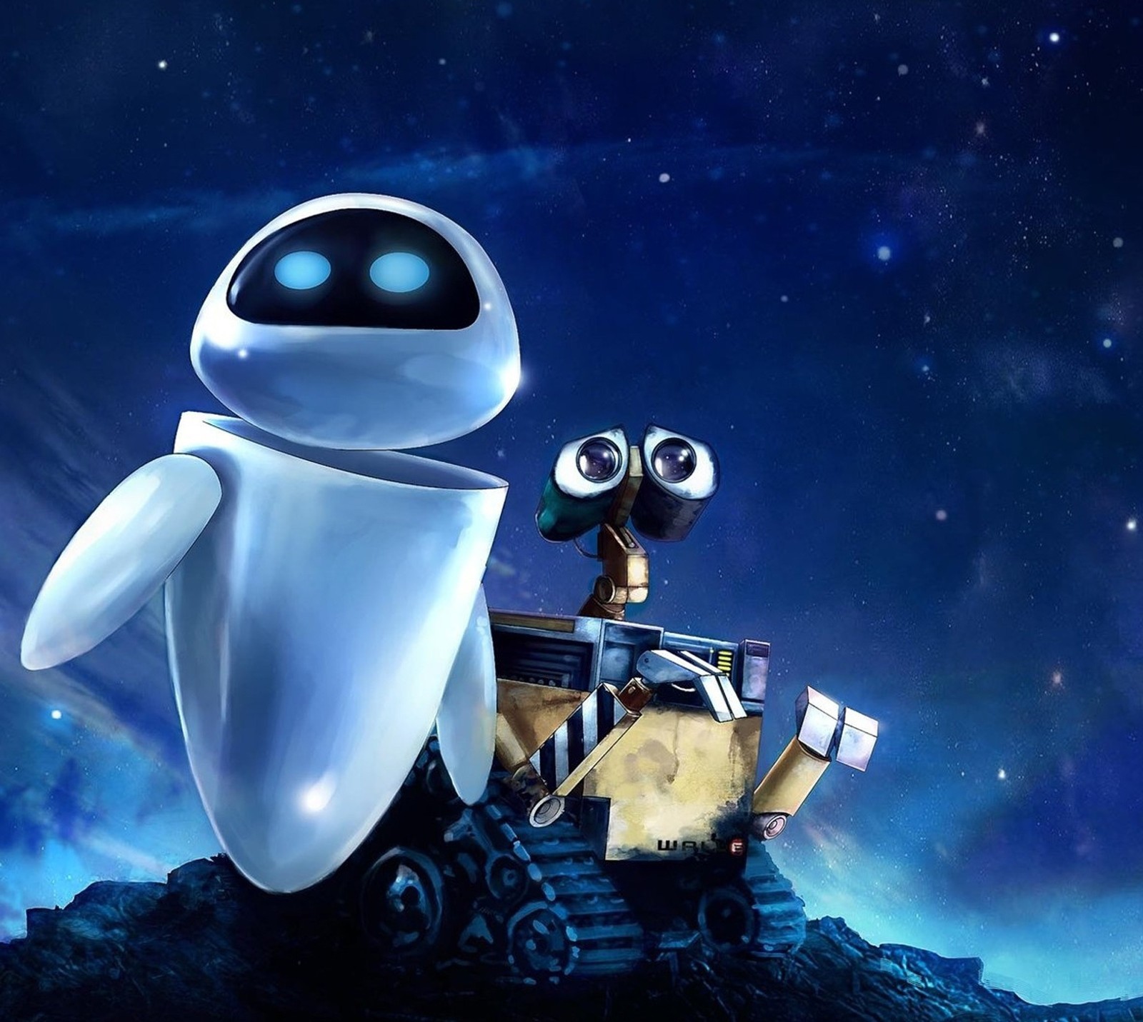 Wall e e seu amigo robô estão sentados em uma rocha (eva, noite, estrelas, wall e)