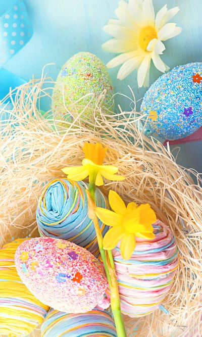 Colorful Easter Eggs Nestled Among Spring Flowers