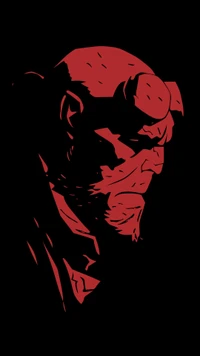 Silhouetted profile of a red-skinned character with prominent horns and rugged features against a black background.