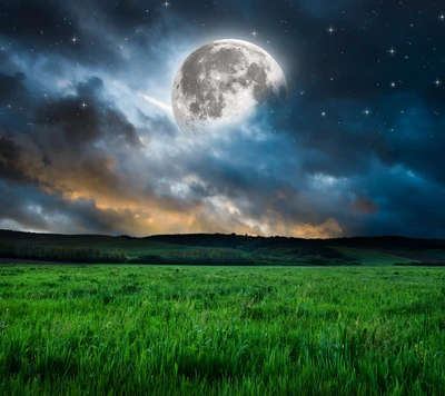 evening, field, grass, lunar, moon