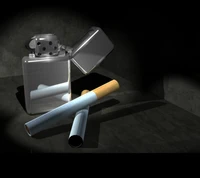 Naturaleza muerta 3D realista: encendedor y tubos de cigarrillos