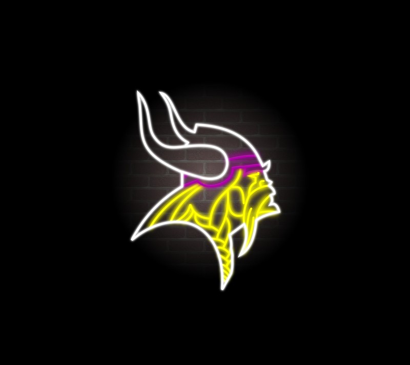 Крупный план неонового логотипа minnesota vikings на кирпичной стене (миннесота, minnesota, nfl, викинги, vikings)