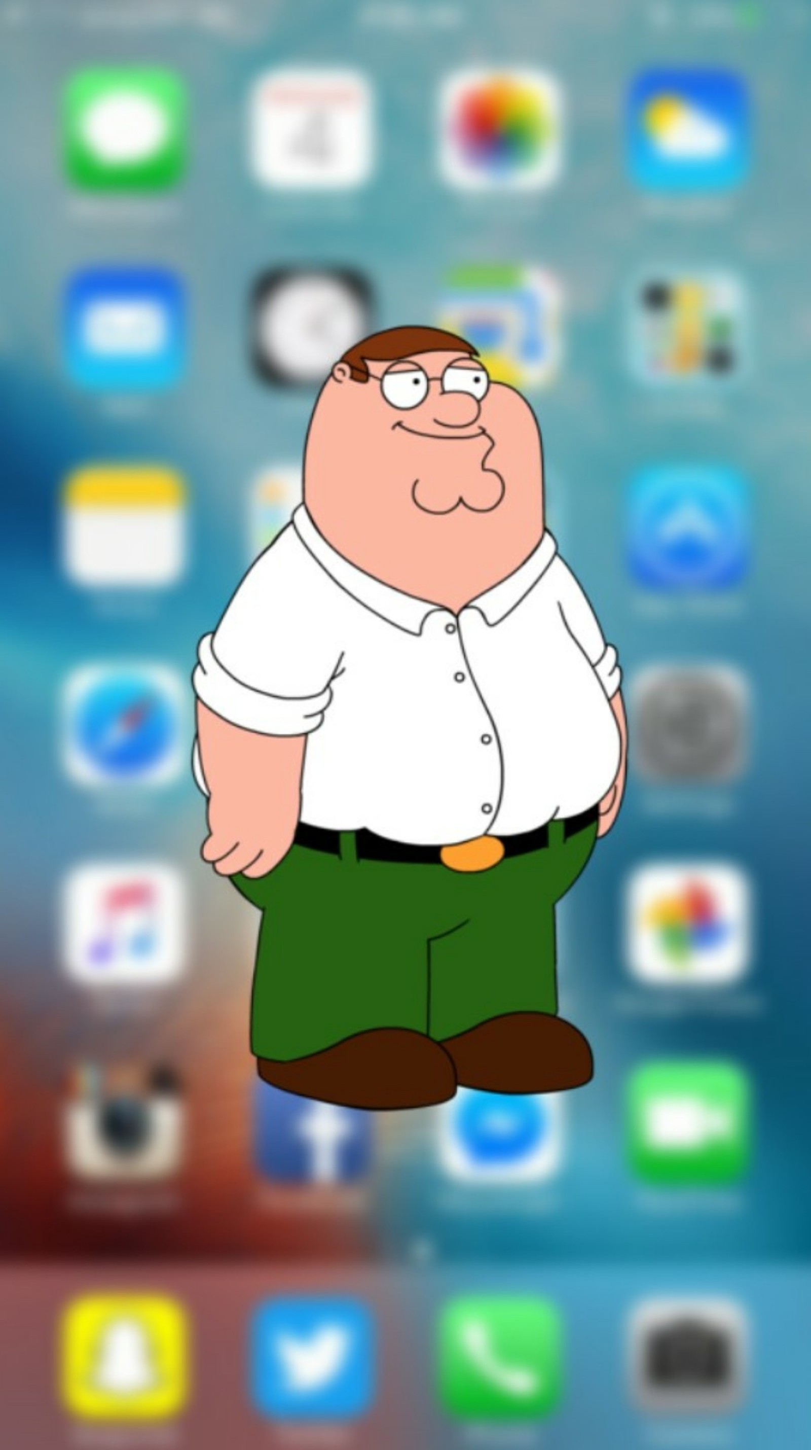 A close up of a cartoon character standing in front of a bunch of apps (cartoon, family, family guy, griffin, guy)