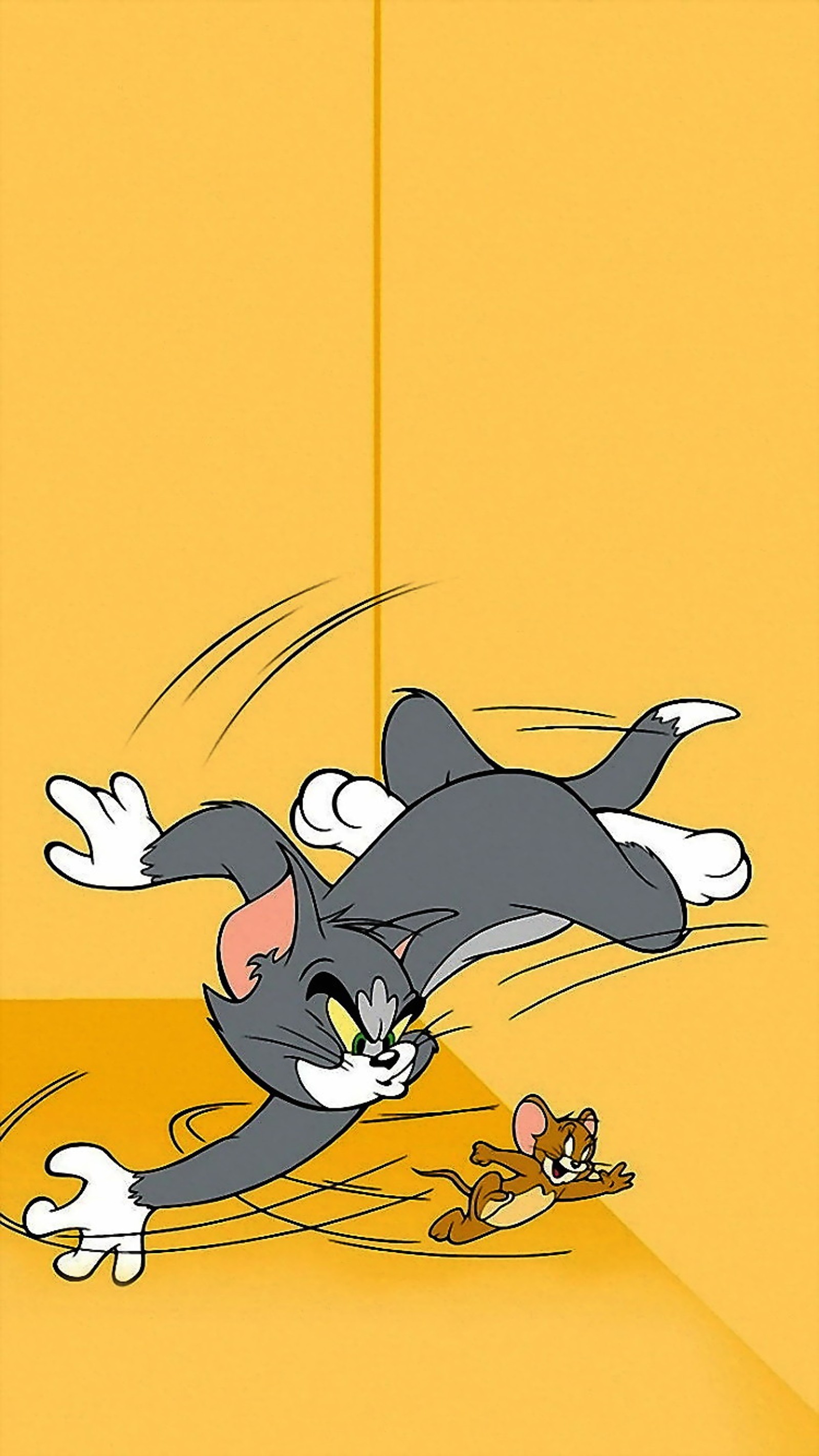 Gato de dibujos animados persiguiendo a un ratón en una habitación con paredes amarillas (bob, caricatura, pez, melocotón, pooh)