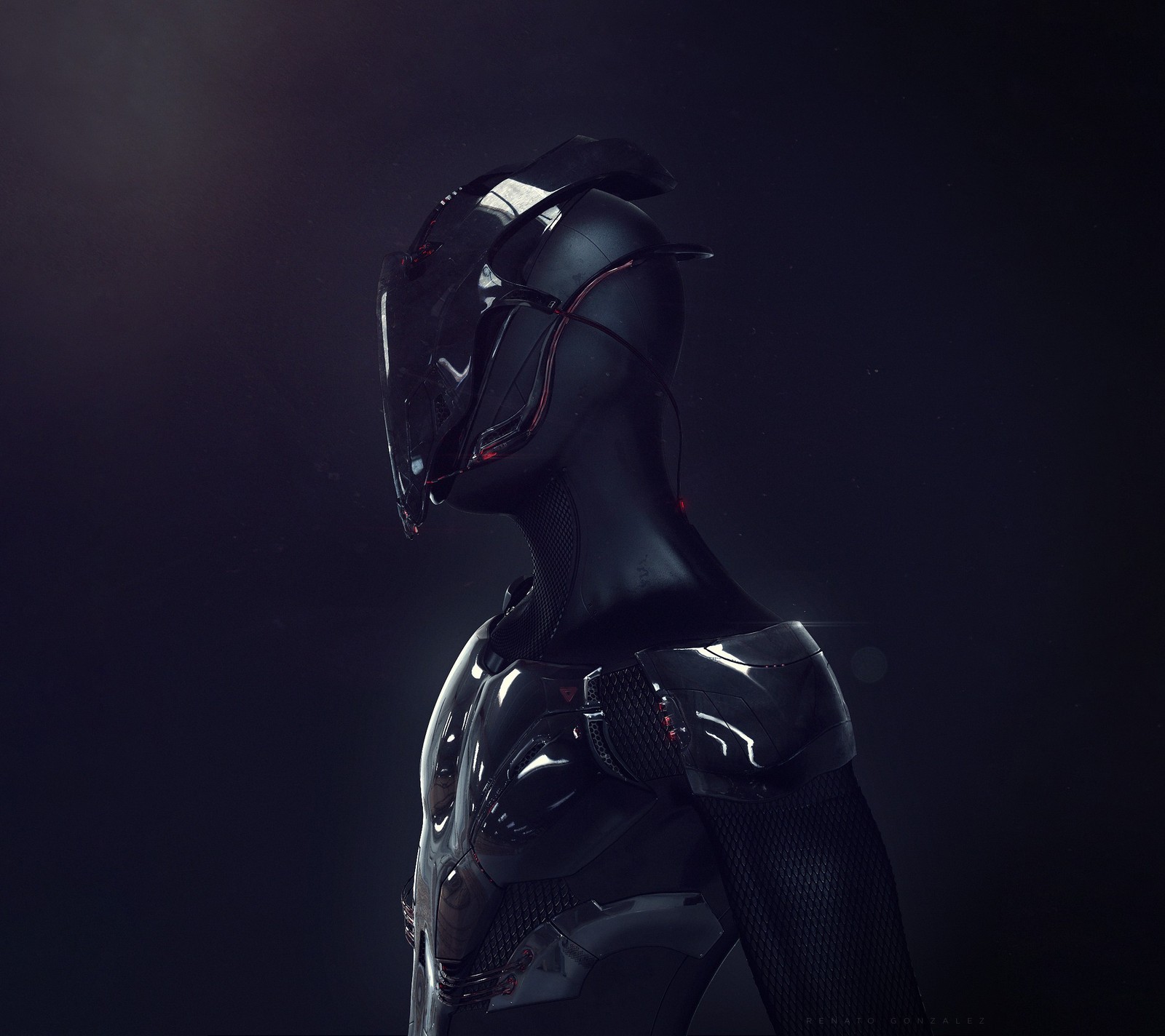 Gros plan d'une personne en costume futuriste avec un casque (3d, noir, cyborg, avenir, photoshop)