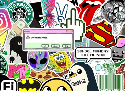 A vibrant collage of cartoon stickers and logos featuring pop culture icons, humorous phrases, and colorful designs.