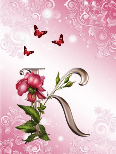 Elegant letter "K" adorned with a rose and surrounded by butterflies on a pink abstract floral background.