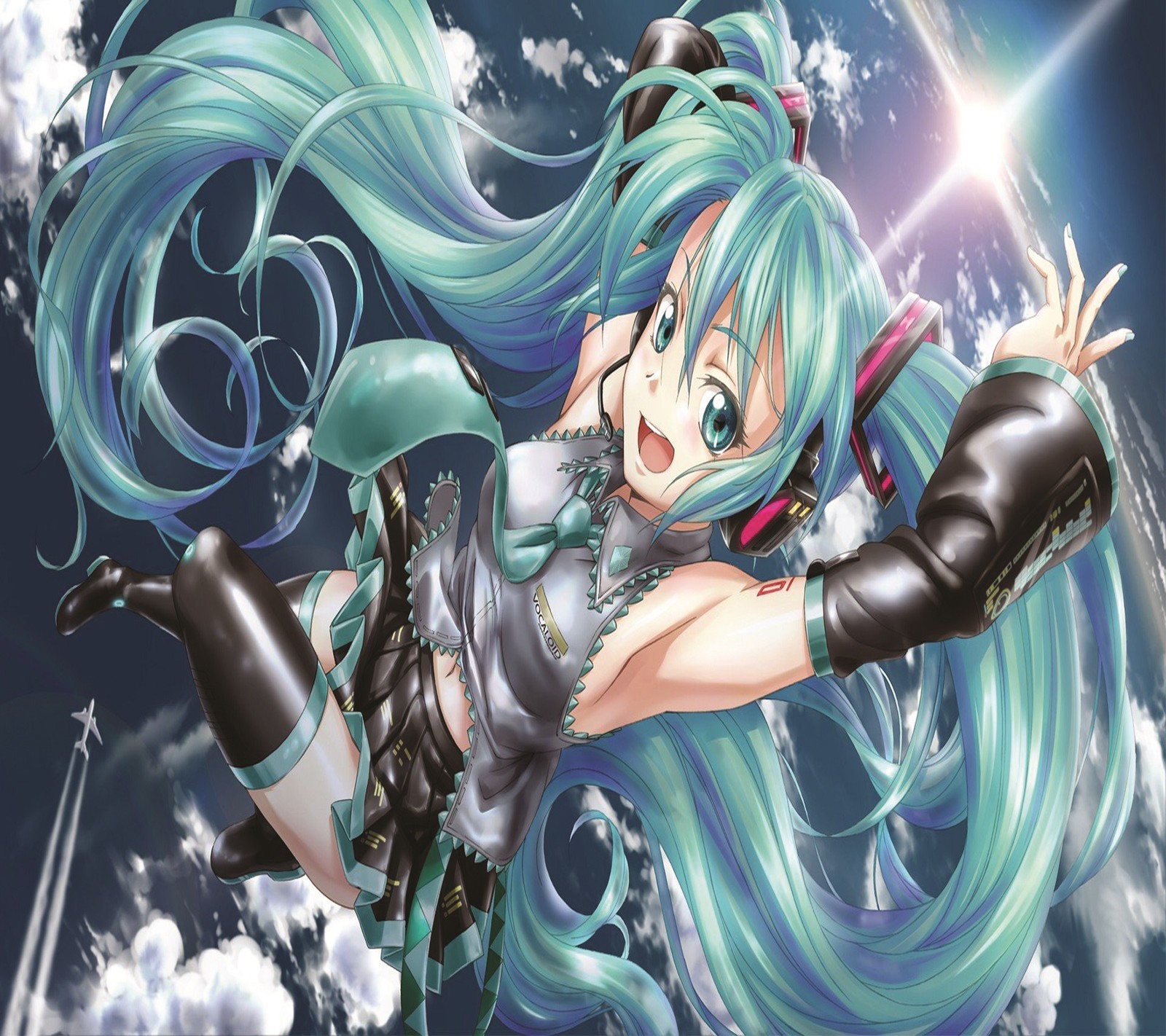 Une femme aux longs cheveux bleus volant dans les airs (hatsune, miku)