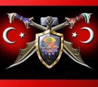 Emblem of the Ottoman Empire with crossed swords, shield, and crescent moons.