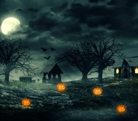 Nuit d'Halloween effrayante avec des citrouilles lumineuses sous une pleine lune