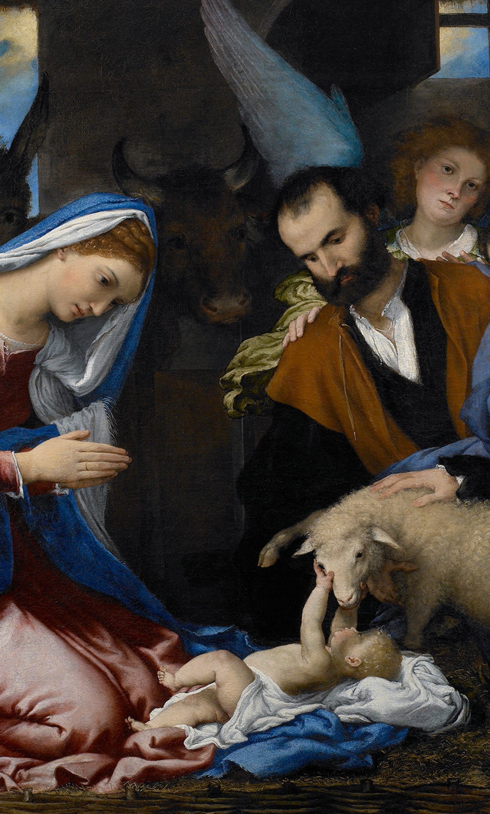 Uma pintura de um presépio com um bebê e uma ovelha (páscoa, jesus, lorenzo lotto, manger, maria)