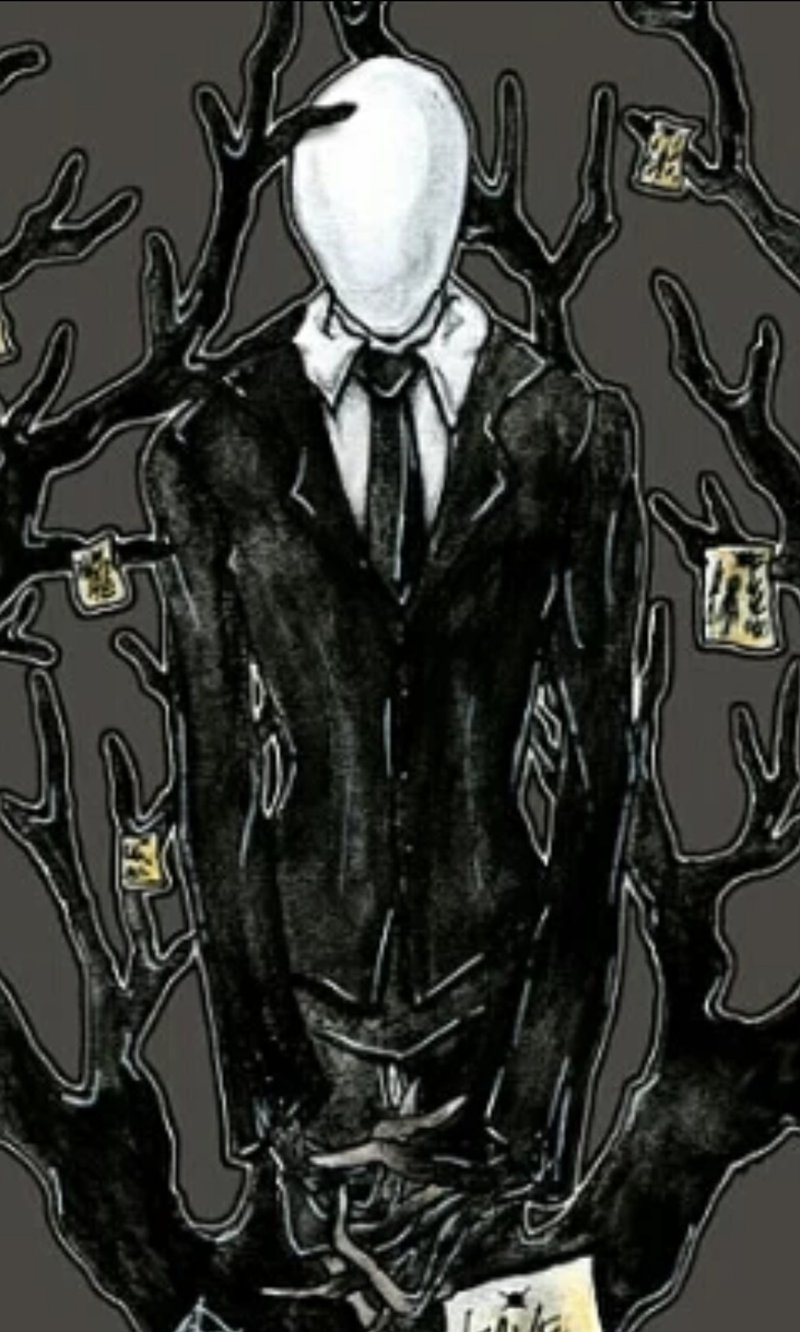 Arafed image of a man in a suit and tie standing in front of a tree (creepypasta, slenderman)