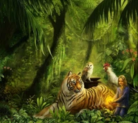 Scène de jungle enchanteresse avec un tigre, un hibou et une fille en harmonie