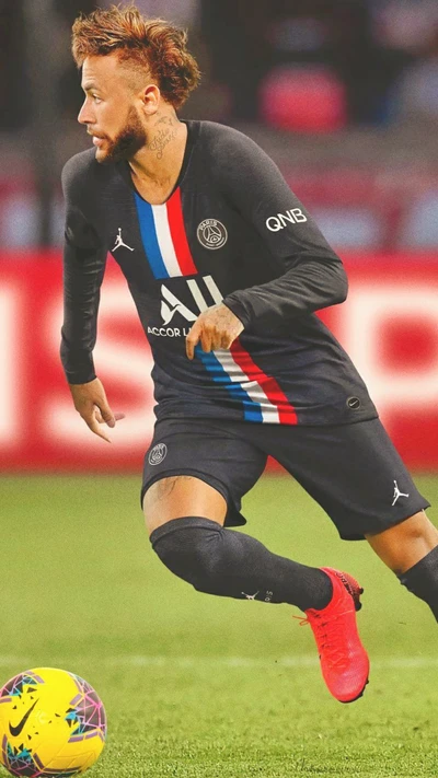 Neymar Jr. en action pour le PSG, montrant compétence et agilité sur le terrain.