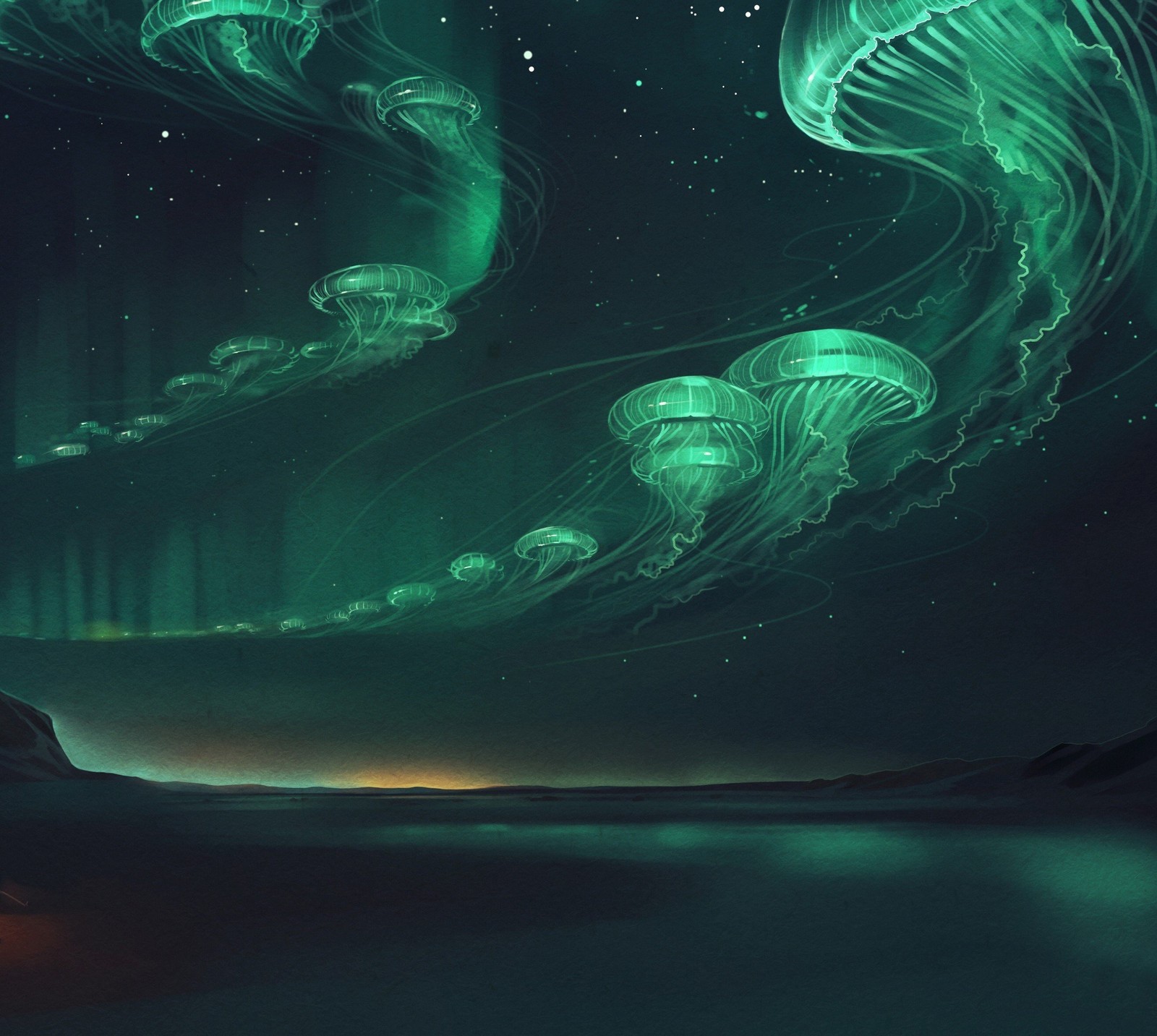 Descargar fondo de pantalla fantasía, medusa, auroras boreales, cielo