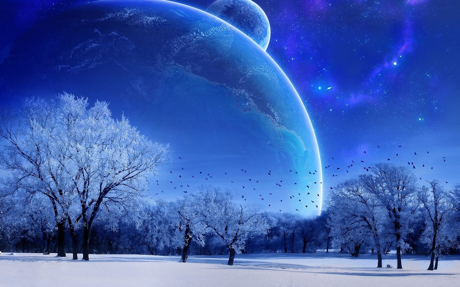 A blue planet with a large moon in the sky and trees (winter solstice, summer solstice, nature, blue, atmosphere)