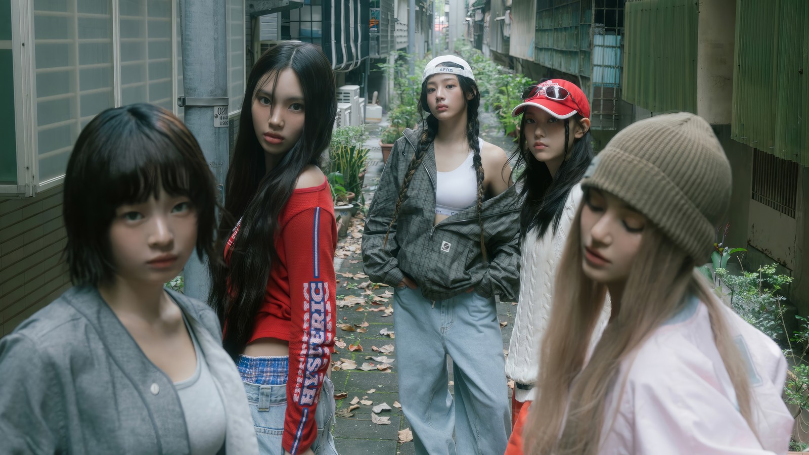 Several young women standing in a narrow alleyway with a hat on (newjeans, kpop, new jeans, korean girl group, k pop)