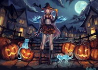 Enchanting Witch Among Jack-o'-Lanterns: A Halloween Anime Scene