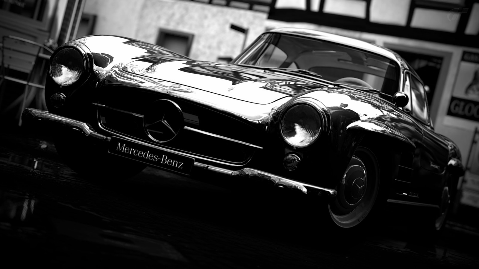 Foto en blanco y negro de un coche clásico estacionado frente a un edificio (mercedes benz w186, coche deportivo, coche, coche clásico, blanco y negro)