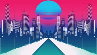 Retro Synthwave Stadtlandschaft bei Dämmerung