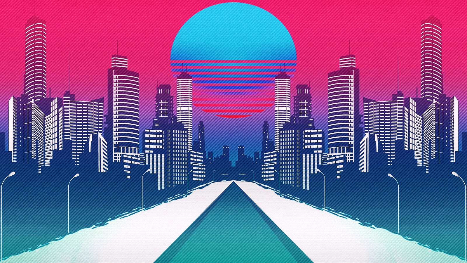 Téléchargez le fond d'écran synthwave, art, bleu, paysage urbain, horizon