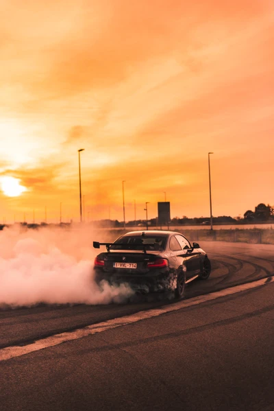 BMW M4 Drifting in a Cloud of Smoke at Sunset