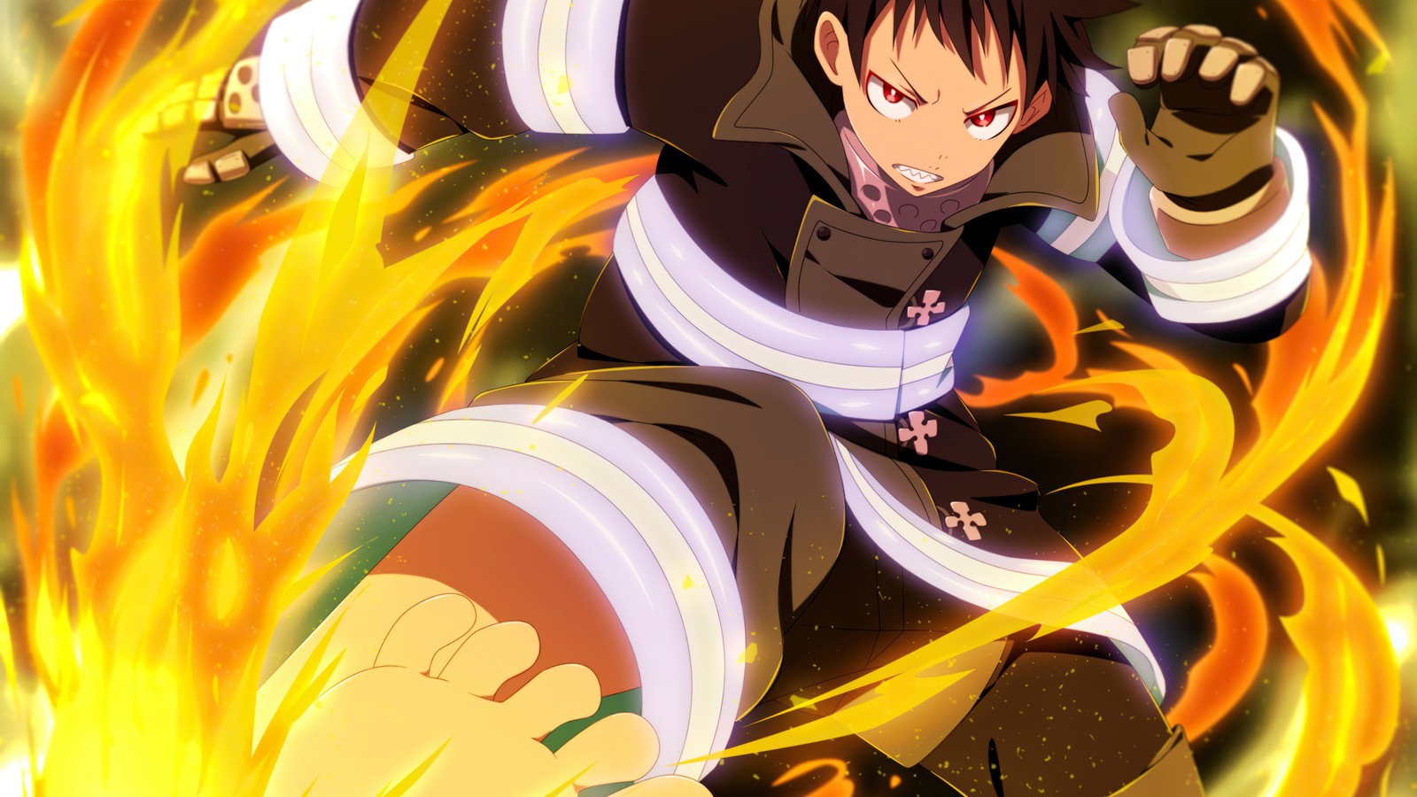 Personaje de anime con fuego y llamas de fondo (shinra kusakabe, 森羅日下部, fire force, anime, enen no shouboutai)